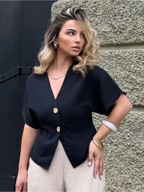Black Short-Sleeve V-Neck Blouse with Gold Buttons - Women